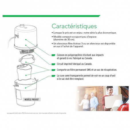 Caractéristiques de l'aspiration centralisée Drainvac Pro 107