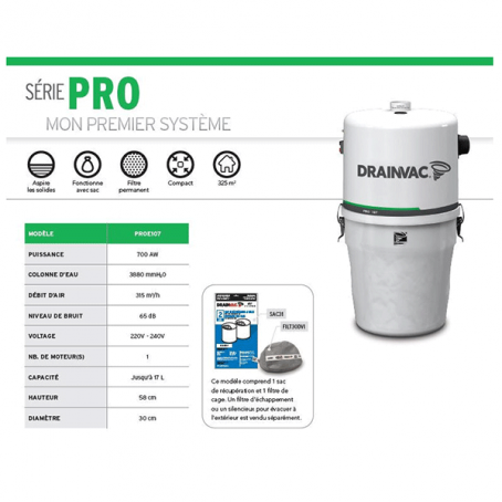 Caractéristiques techniques de l'aspirateur central Drainvac Pro 107